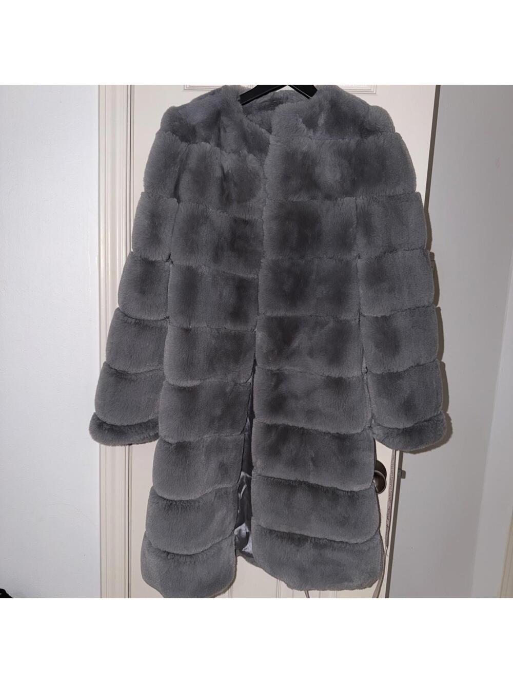 NWT OH POLLY GREY FAUX FUR LONG COAT small
